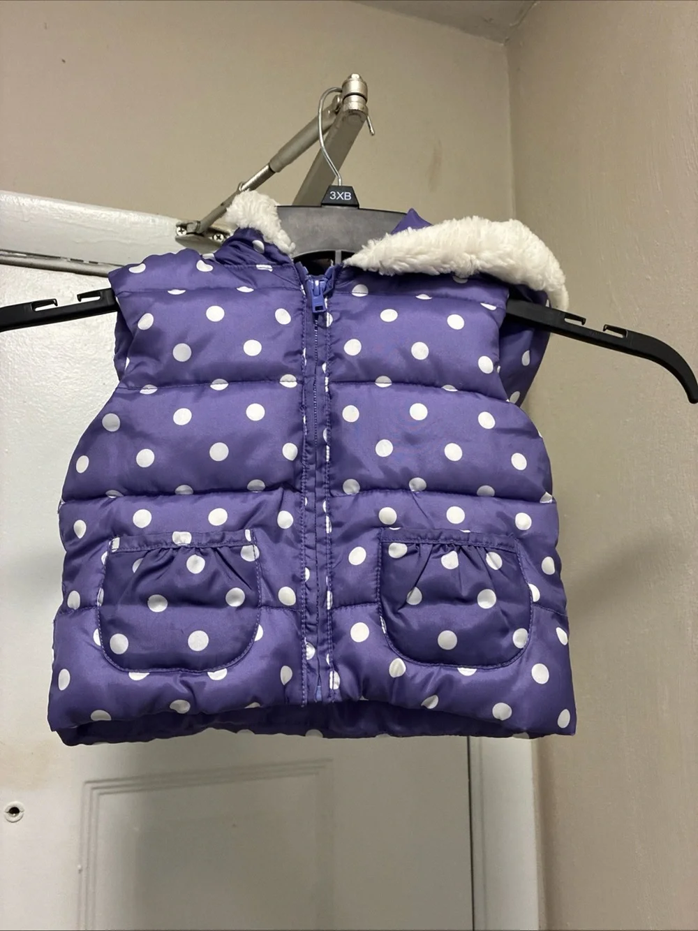 Gymboree Purple Polka Dot Hooded Puffer Vest with Faux Fur Trim